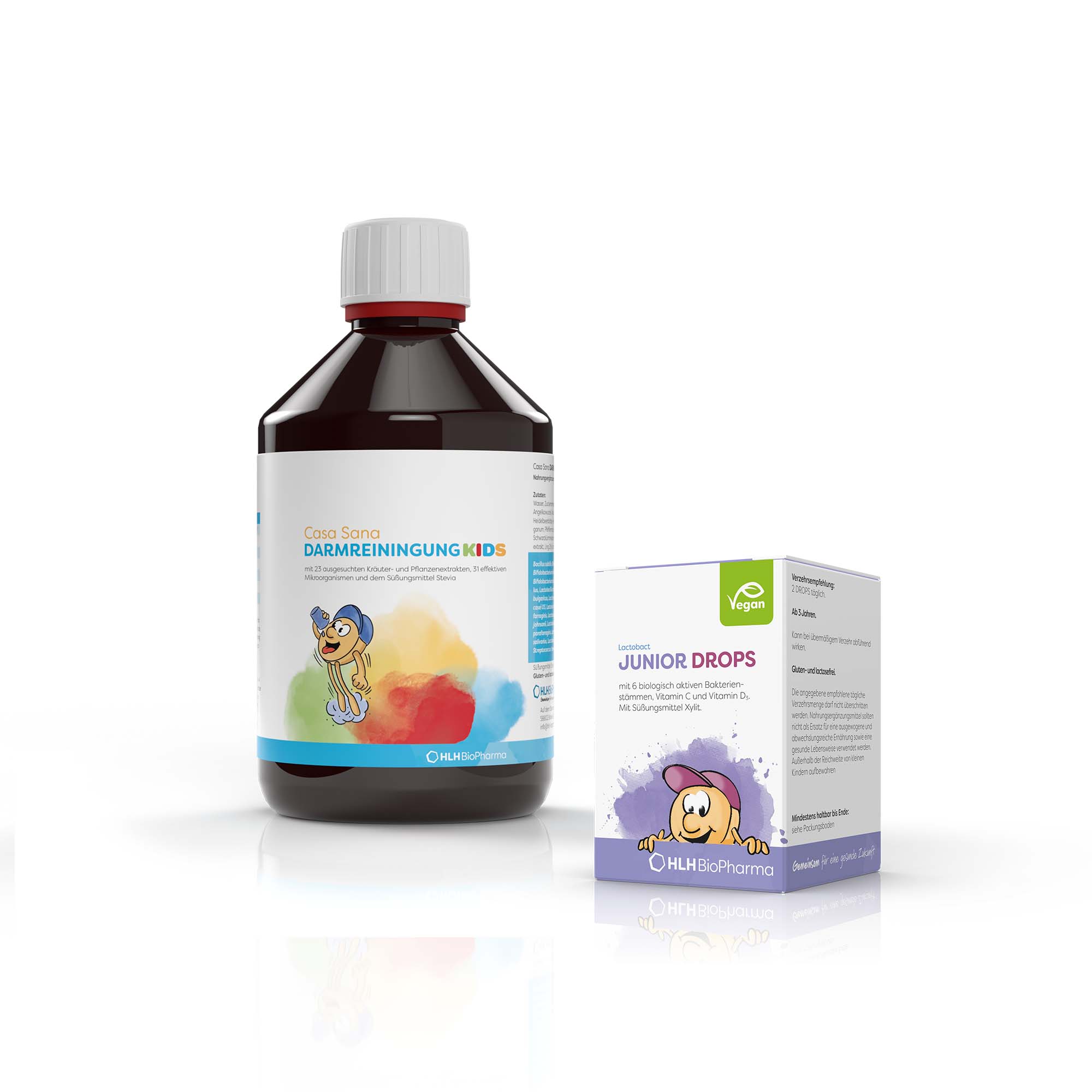Produktbild Darmaufbau Paket KIDS: Links Casa Sana DARMREINIGUNG KIDS, rechts Lactobact JUNIOR DROPS 60 Drops
