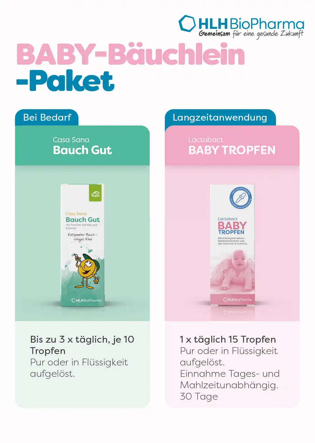 BABY-Bäuchlein-Paket mit Casa Sana Bauch Gut bei Bedarf mit Einnahmeempfehlung bis zu dreimal täglich zehn Tropfen und Lactobact BABY TROPFEN zur Langzeitanwendung einmal täglich zehn Tropfen