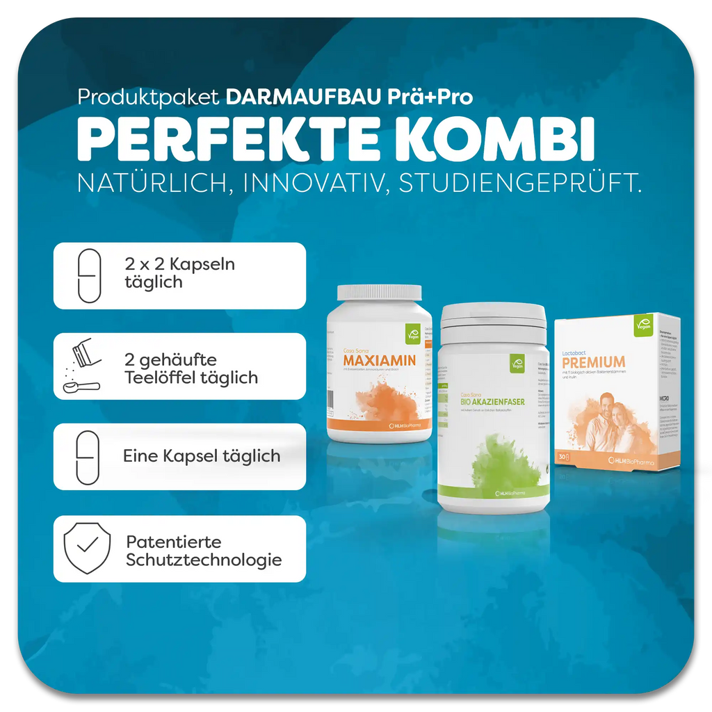 Informationsblatt mit Einnahmeempfehlung zum Produktpaket Darmaufbau Prä+Pro