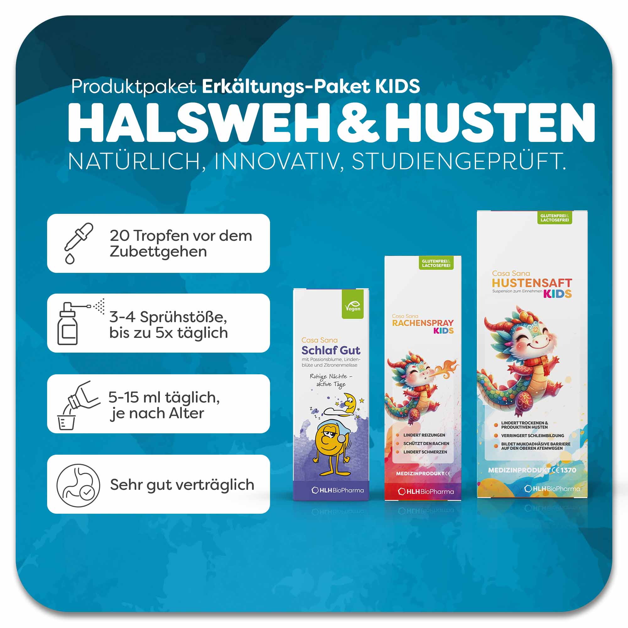 Erkältungs-Paket KIDS rundum gestärkt mit Einnahmeempfehlung von Casa Sana Schlaf Gut, Casa Sana Rachenspray KIDS und Casa Sana HUSTENSAFT KIDS