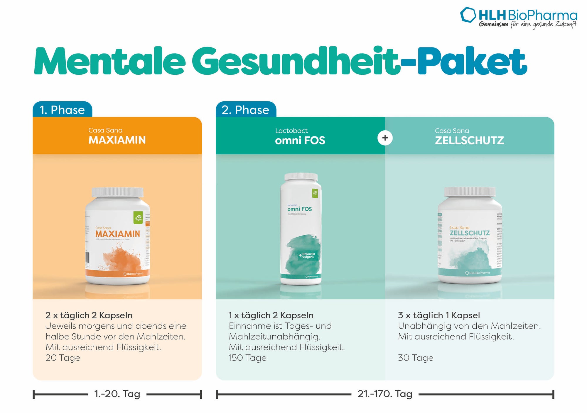 Mentale-Gesundheit-Paket mit 1. Phase Tag 1 bis 20 zweimal täglich zwei Kapseln Casa Sana MAXIAMIN und 2. Phase Tag 21 bis 170 mit einmal täglich zwei Kapseln Lactobact omni FOS und dreimal täglich eine Kapsel Casa Sana Zellschutz