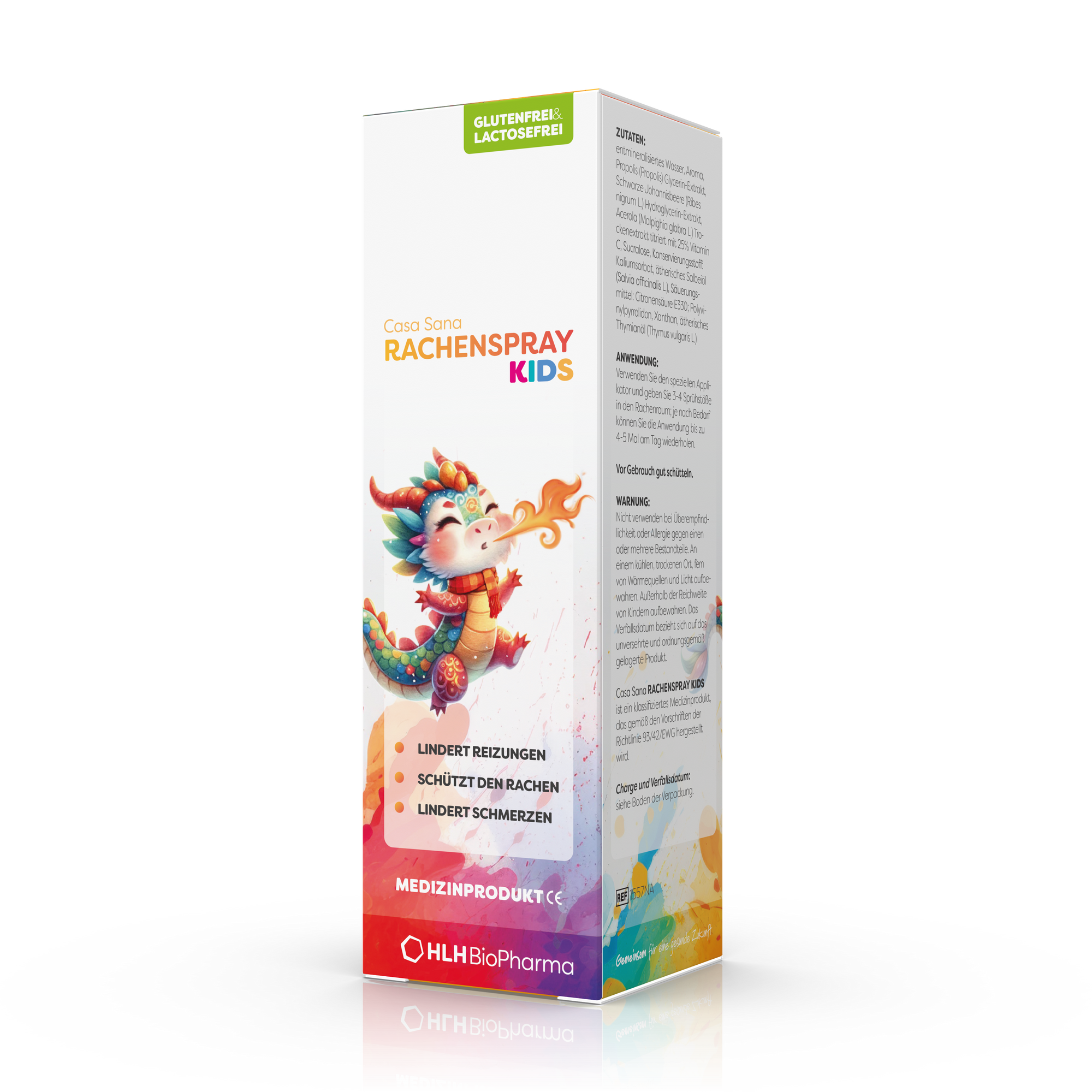 Produktbild schräge Ansicht des Casa Sana Rachenspray Kids mit bunter Drachenfigur auf der Verpackung.