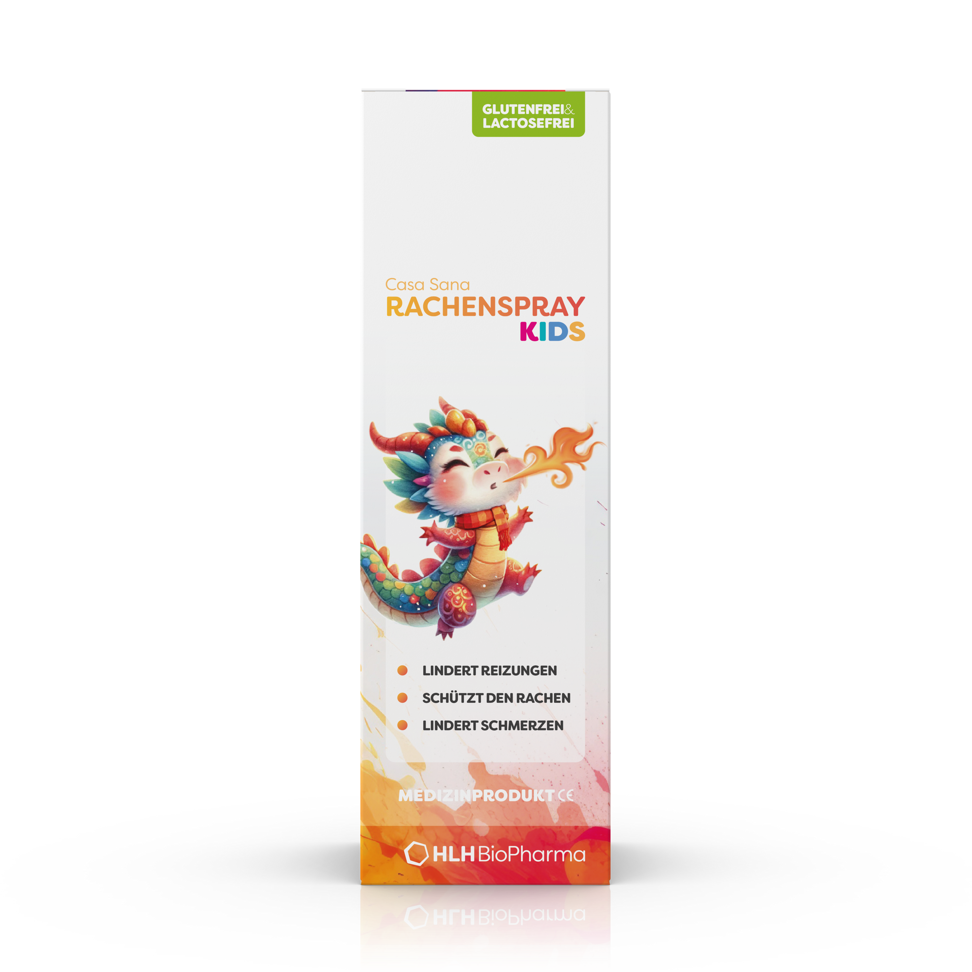 Produktbild Frontansicht des Casa Sana Rachenspray Kids mit bunter Drachenfigur auf der Verpackung.