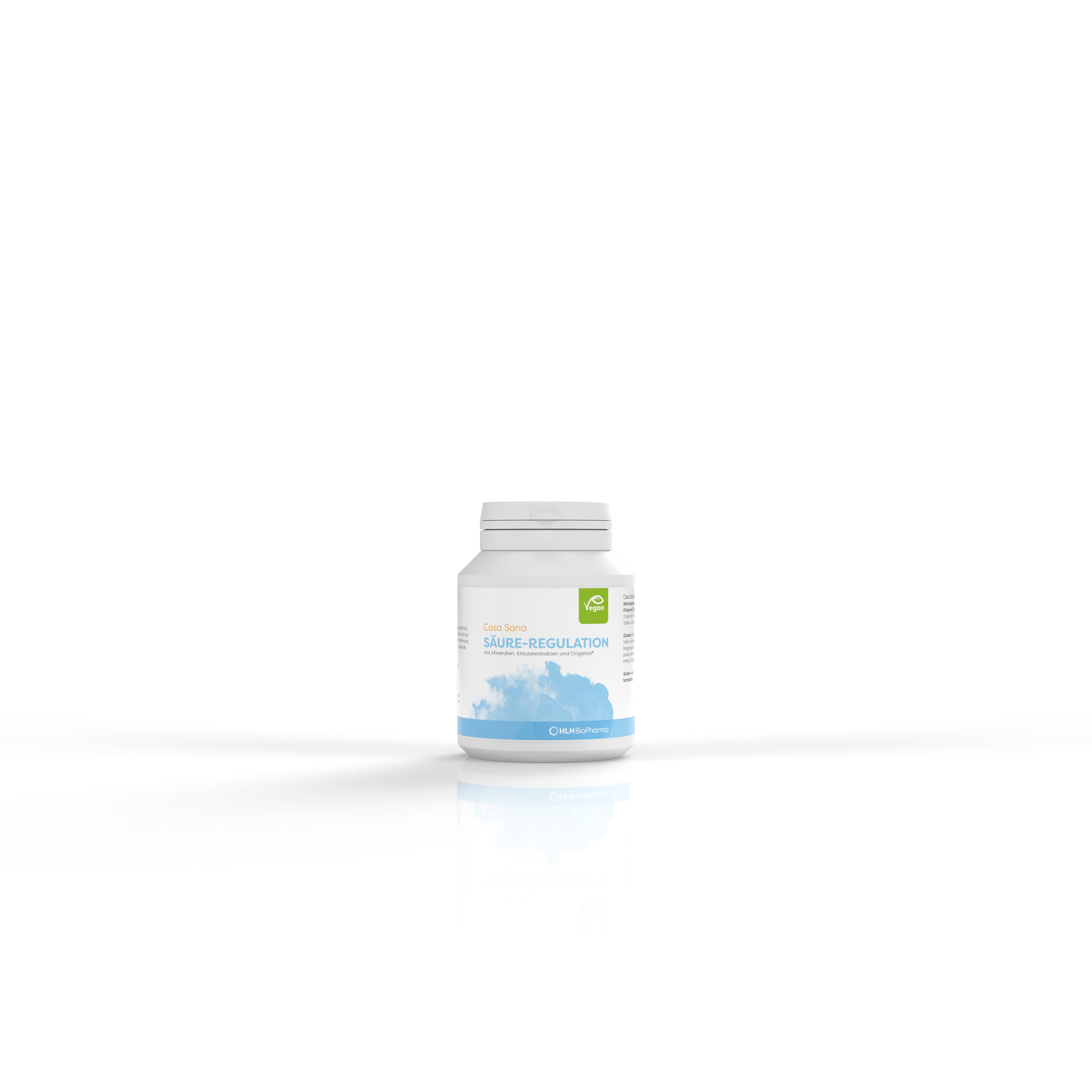 Produktbild Frontansicht von Casa Sana SÄURE-REGULATION. Eine weiße Dose mit hellblauem Aquarell Wasserfleck auf dem Etikett.