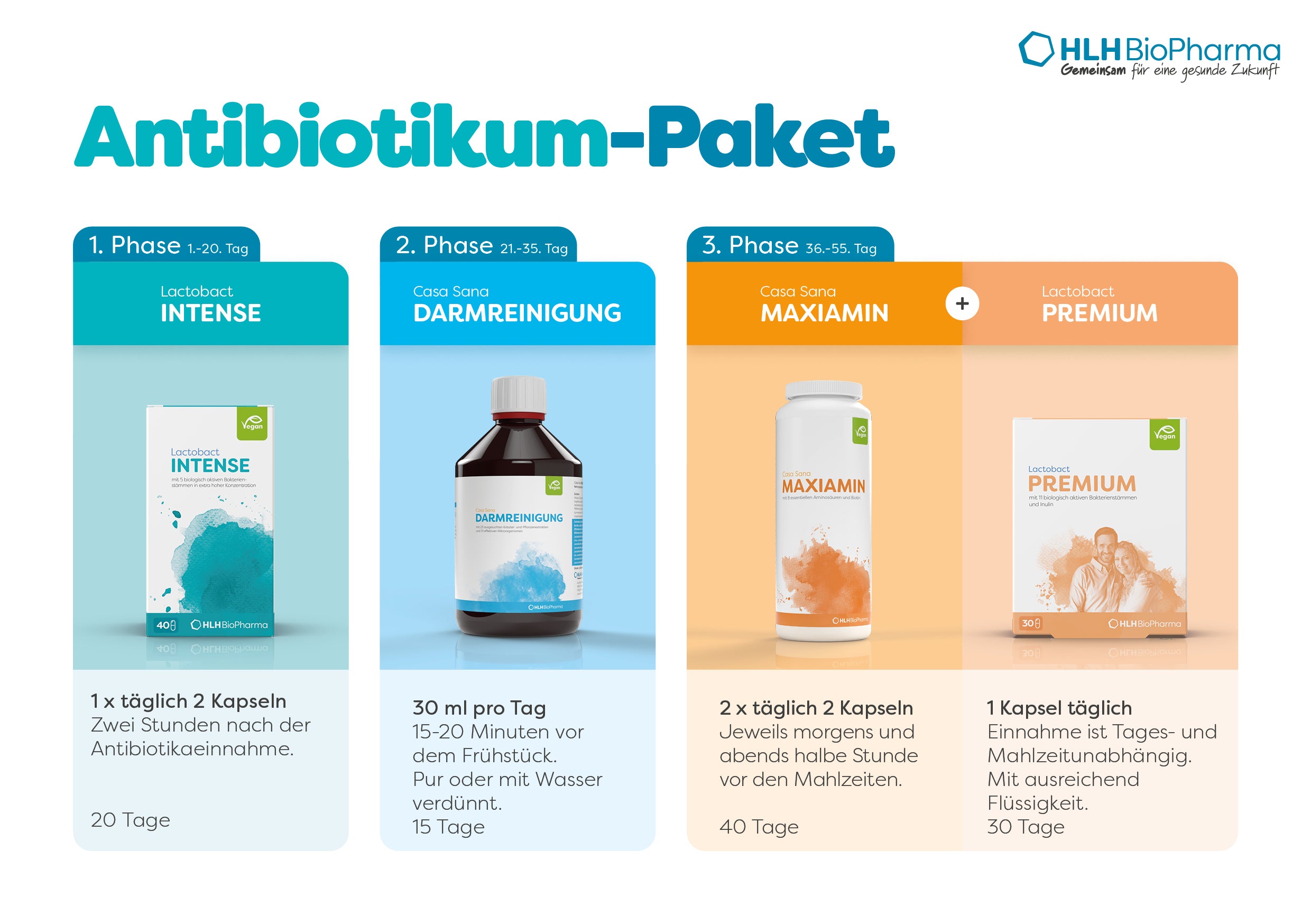 Infobanner zum Antibiotikum-Paket mit drei Phasen und den Produkten Intense, Darmreinigung, Maxiamin und Premium