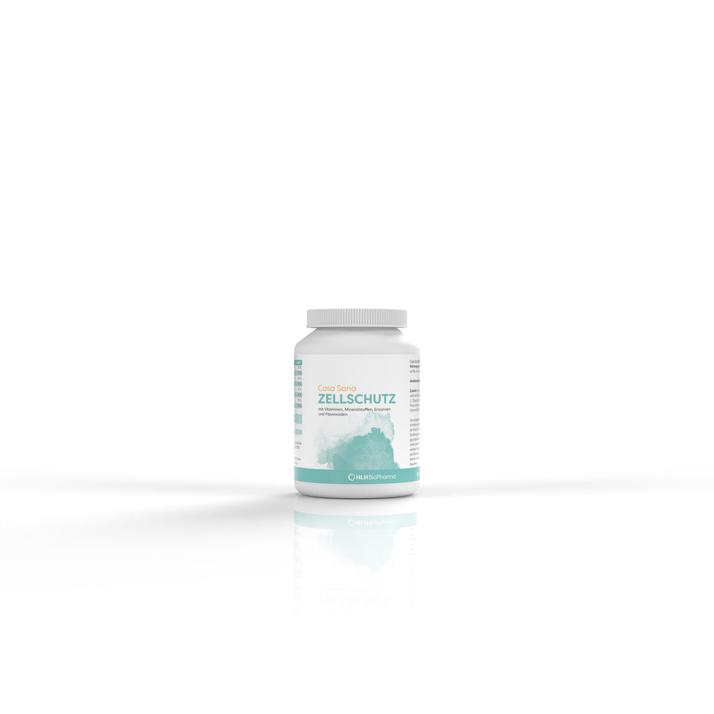 Produktbild Frontansicht von Casa Sana ZELLSCHUTZ. Eine weiße Dose mit mintfarbenem Aquarell Wasserfleck auf dem Etikett.