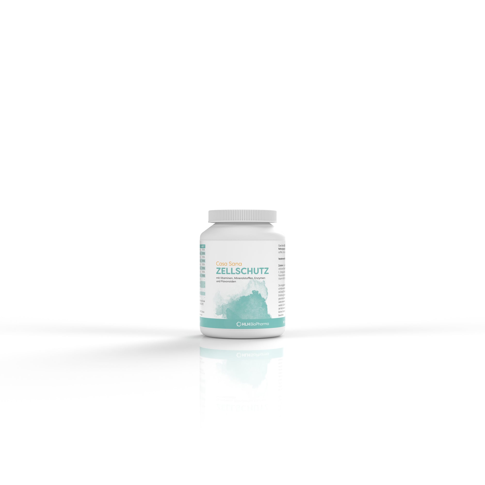 Produktbild Frontansicht von Casa Sana ZELLSCHUTZ. Eine weiße Dose mit mintfarbenem Aquarell Wasserfleck auf dem Etikett.