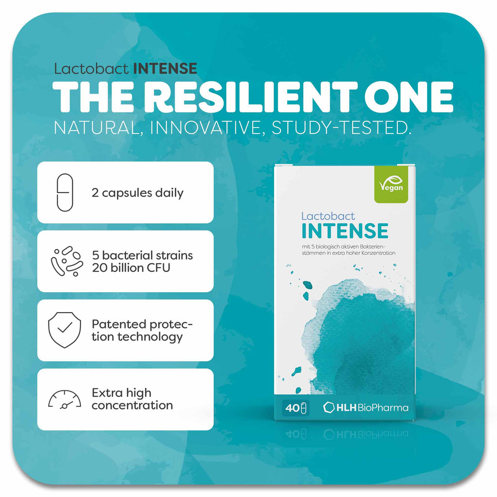 Product image of Lactobact INTENSE with turquoise watercolor water stain on the packaging. The product is vegan and extra highly concentrated. Thanks to patented protection technology, the five bacterial strains can be ingested without losing their effectiveness. Take two capsules daily. Natural, innovative, study-tested.