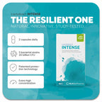 Product image of Lactobact INTENSE with turquoise watercolor water stain on the packaging. The product is vegan and extra highly concentrated. Thanks to patented protection technology, the five bacterial strains can be ingested without losing their effectiveness. Take two capsules daily. Natural, innovative, study-tested.