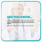 In the background: A woman wearing a doctor's coat holds her hands in front of her and explains something. In the foreground is a text box with the headline “Did you know...” in turquoise lettering. Below it reads: In 2020, a total of approximately 754 million daily doses of antibiotics were prescribed in Germany. This results in the development of resistance and the destruction of good intestinal bacteria. Probiotics can help maintain the balance of good bacteria.