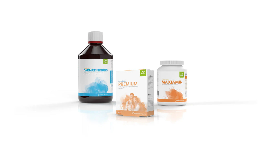 Produktbild Darmaufbau Paket : Links Casa Sana DARMREINIGUNG 500 ml, rechts Casa Sana MAXIAMIN 80 Kapseln und in der Mitte Lactobact PREMIUM 30 Kapseln
