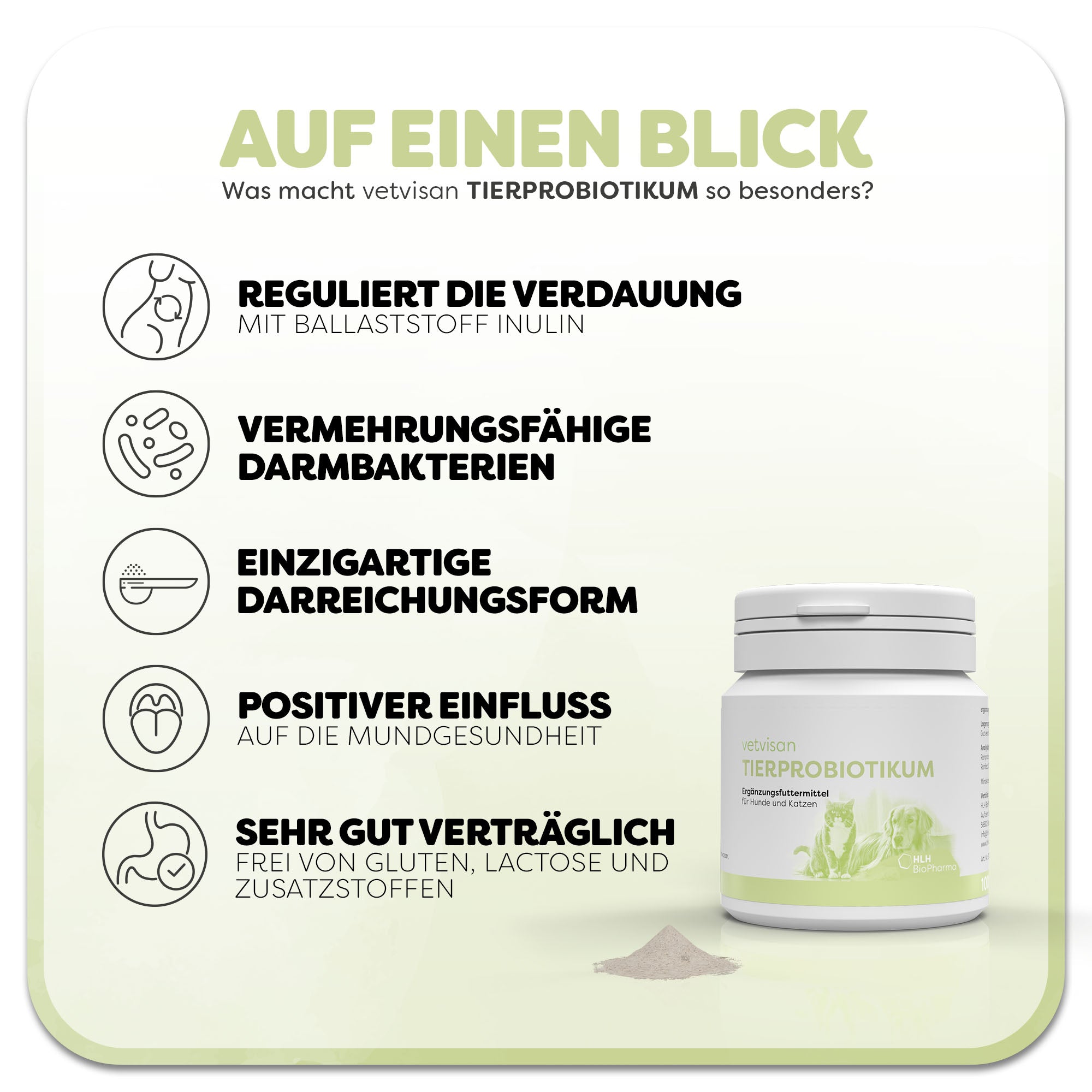 Informationsgrafik zum vetvisan TIERPROBIOTIKUM:  Eine weiße Dose mit Hund und Katze auf grünem Etikett. Überschrift: Was macht vetvisan TIERPROBIOTIKUM so besonders? Links befinden sich fünf Vorteile des Produkts: 1. Reguliert die Verdauung, 2. vermehrungsfähige Darmbakterien, 3. einzigartige Darreichungsform, 4. positiver Einfluss, 5. Sehr gut verträglich.