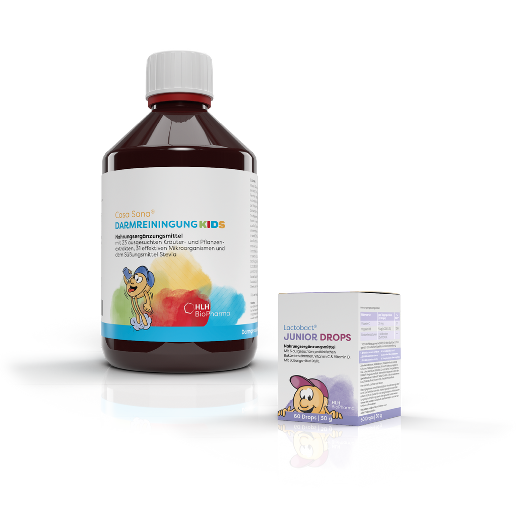 Produktbild Darmaufbau Paket KIDS: Links Casa Sana DARMREINIGUNG KIDS, rechts Lactobact JUNIOR DROPS 60 Drops