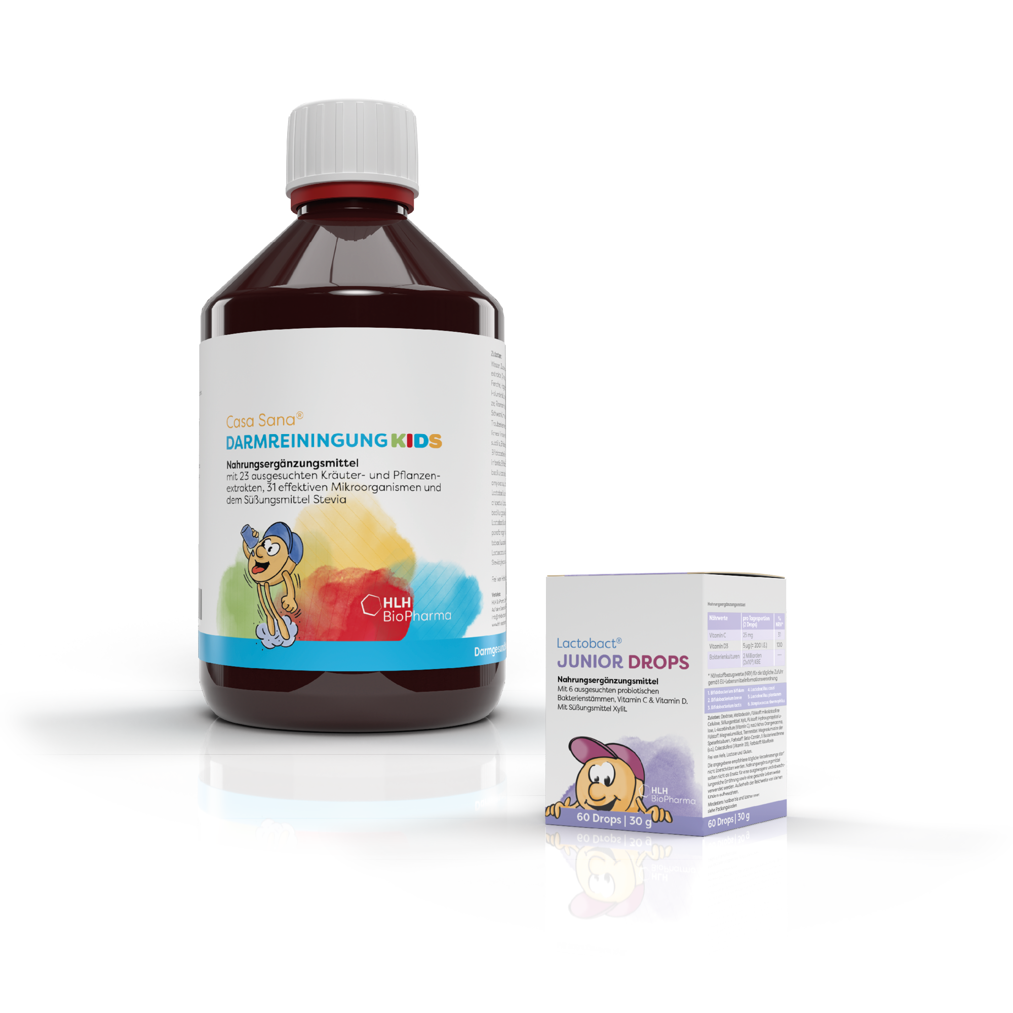 Produktbild Darmaufbau Paket KIDS: Links Casa Sana DARMREINIGUNG KIDS, rechts Lactobact JUNIOR DROPS 60 Drops
